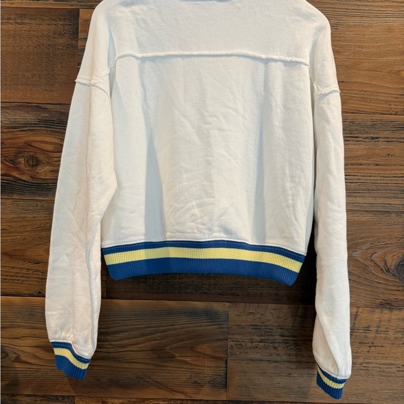 $98 Free People Rio Stripe Hem Sweatshirt, Women's Cream and Blue V-Neck Top - Picture 6 of 7